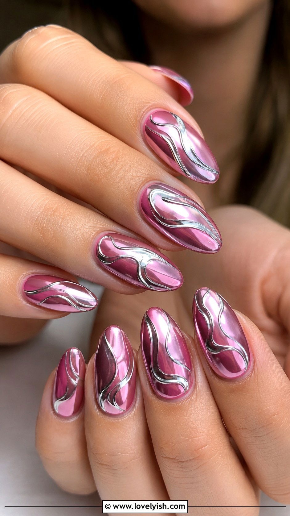 Pink Chrome Nails with Swirling Silver Lines - 50 pink chrome nails - 50 pink chrome nails
