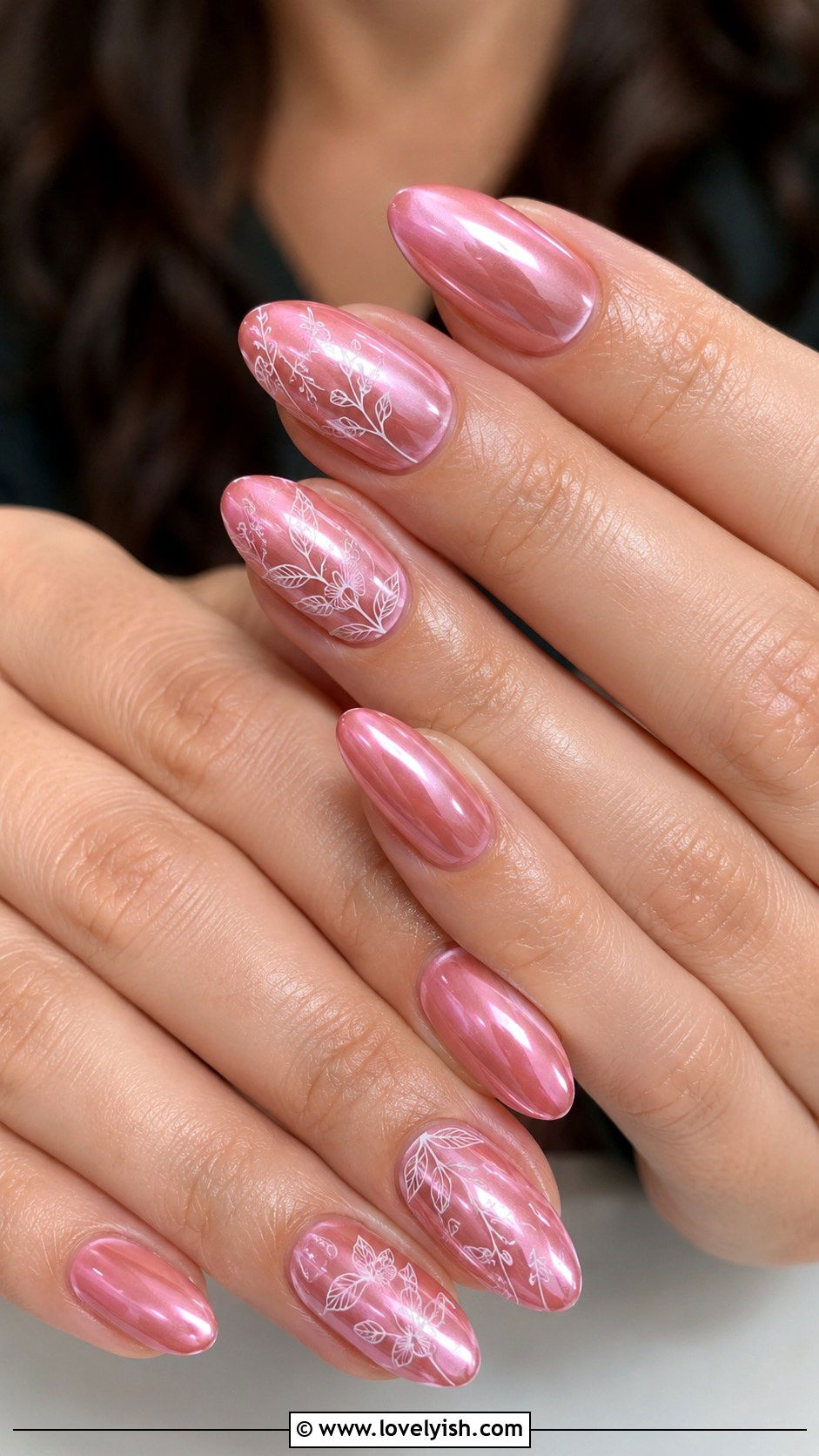 Pink Chrome Nails with Tiny Floral Line Art - 50 pink chrome nails - 50 pink chrome nails