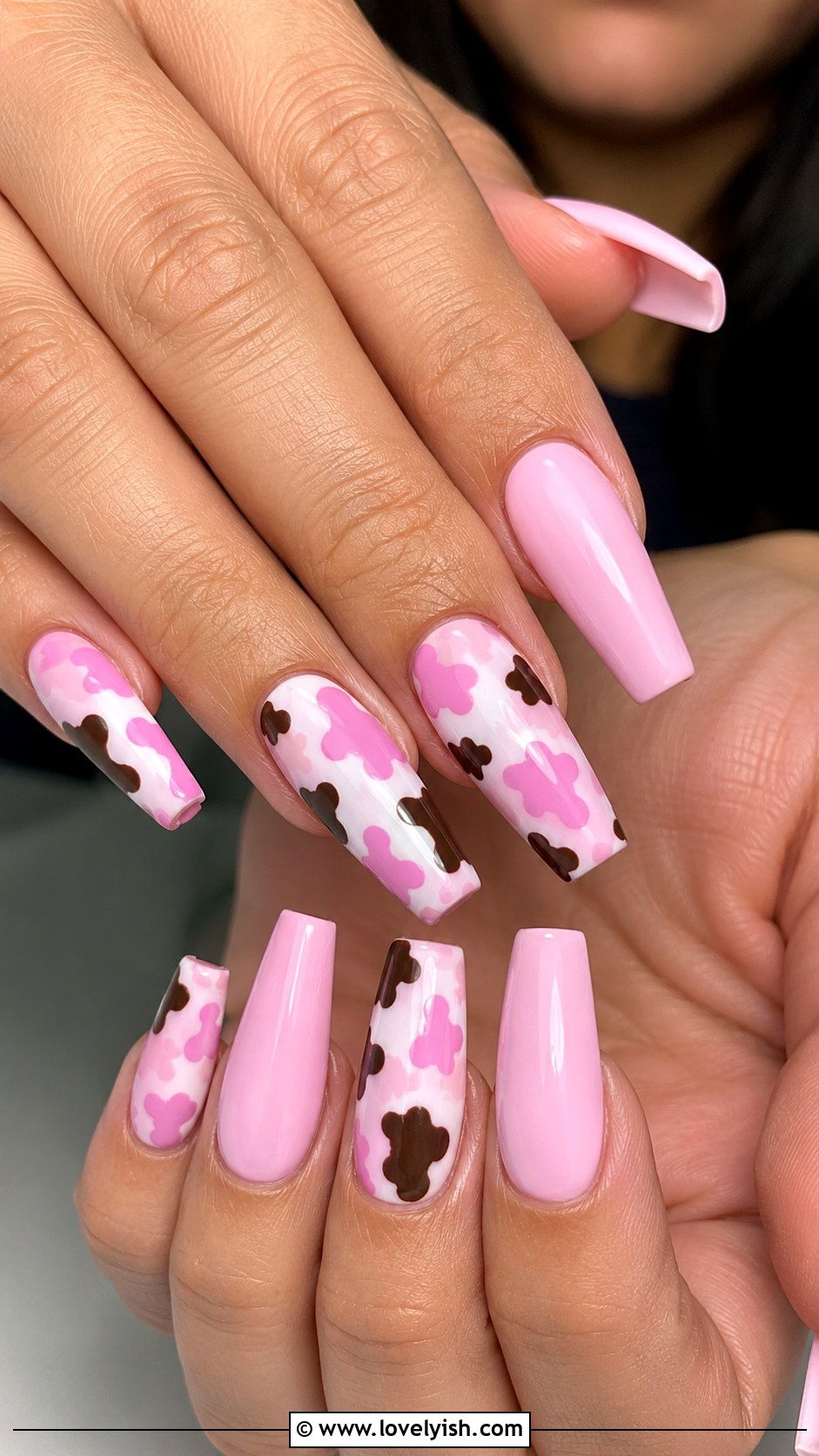Pink Cow Print Coffin Nails - 50 long pink nails - 50 long pink nails