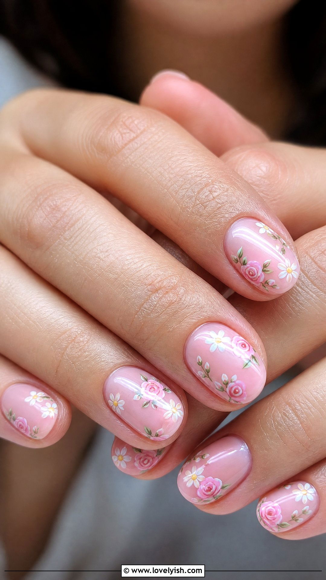 Pink Floral Hand Painted Nails - 50 short pink nail designs - 50 short pink nail designs