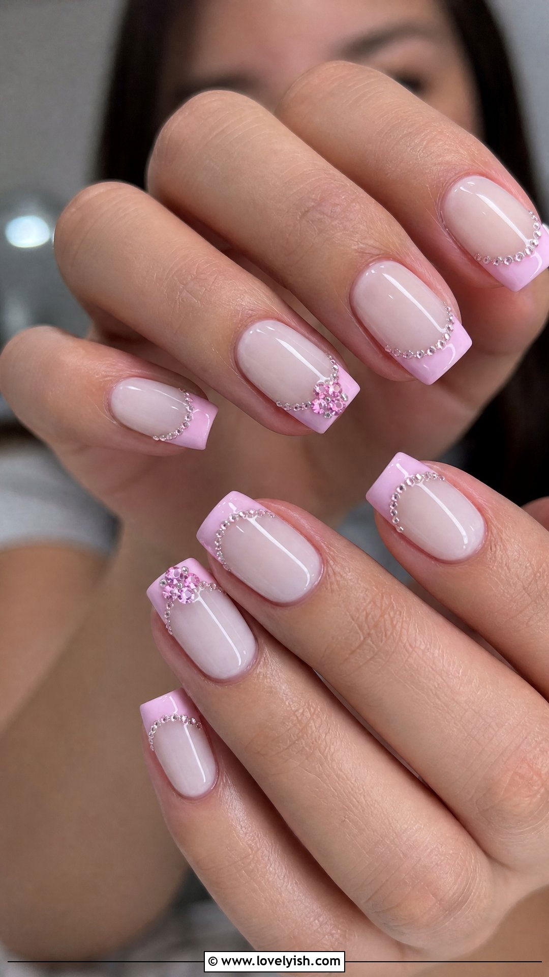 Pink French Diamond Tip Nails - 50 diamond nails - 50 diamond nails
