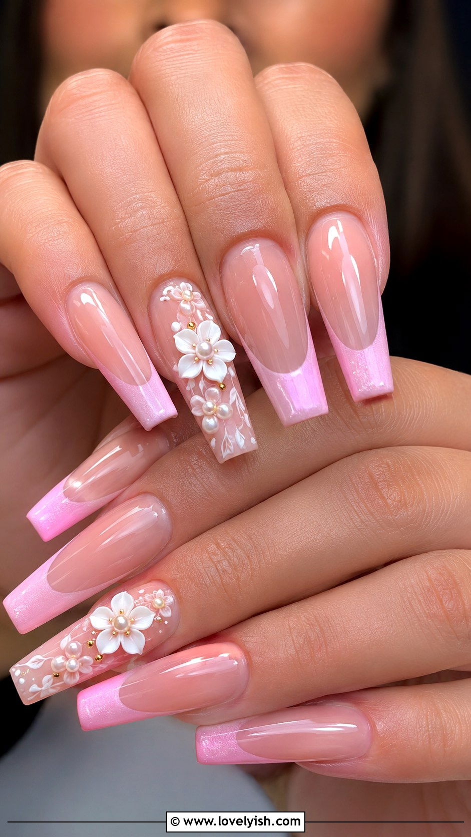 Pink French Tip Nails with 3D Flowers - 50 pink french tip nails - 50 pink french tip nails