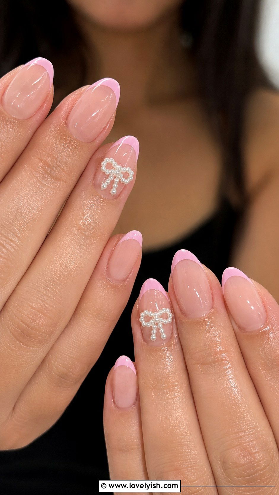 Pink French Tip Nails with Bow Charms - 50 pink french tip nails - 50 pink french tip nails