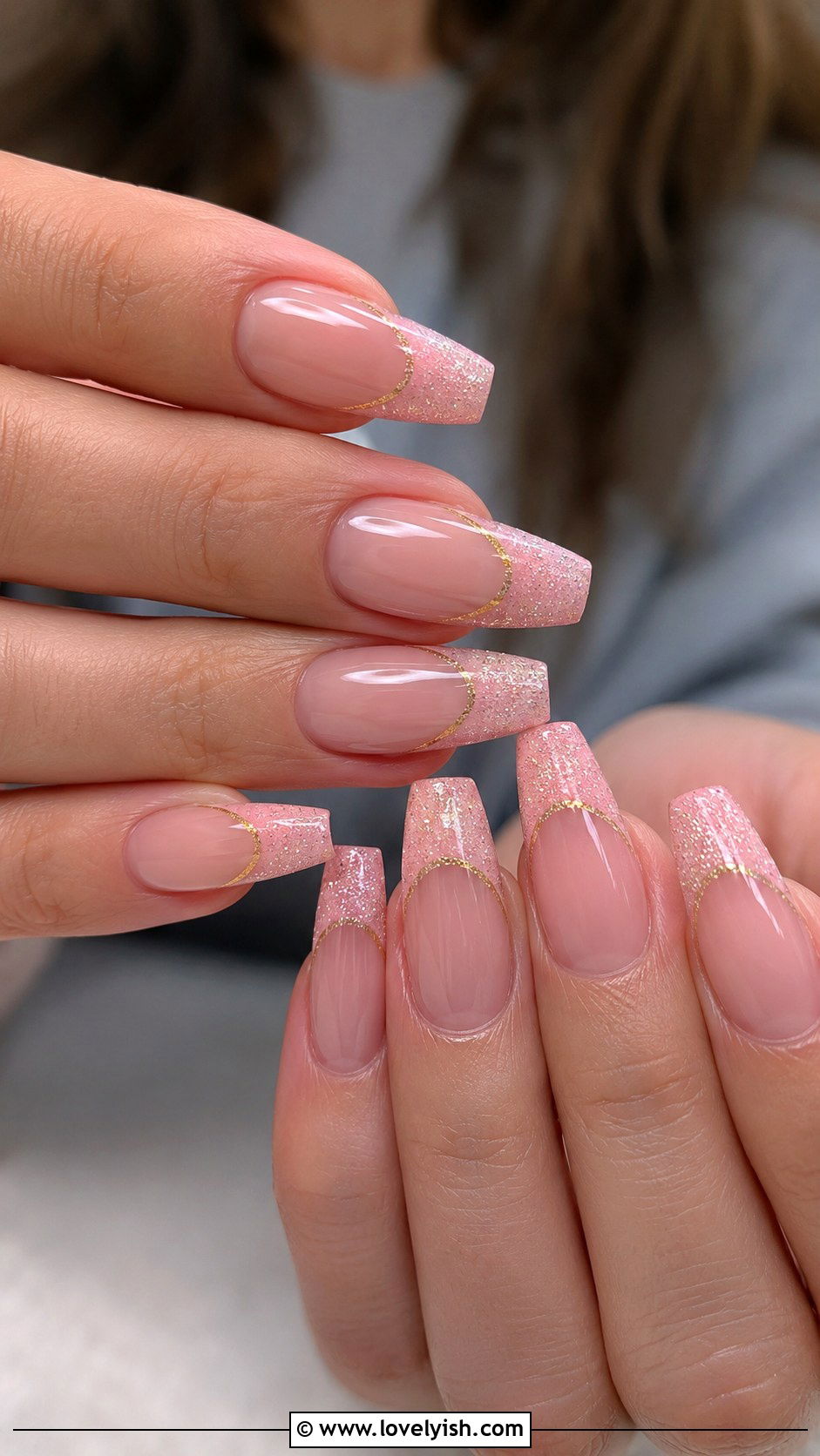 Pink French Tip Nails with Gold Glitter - 50 pink french tip nails - 50 pink french tip nails