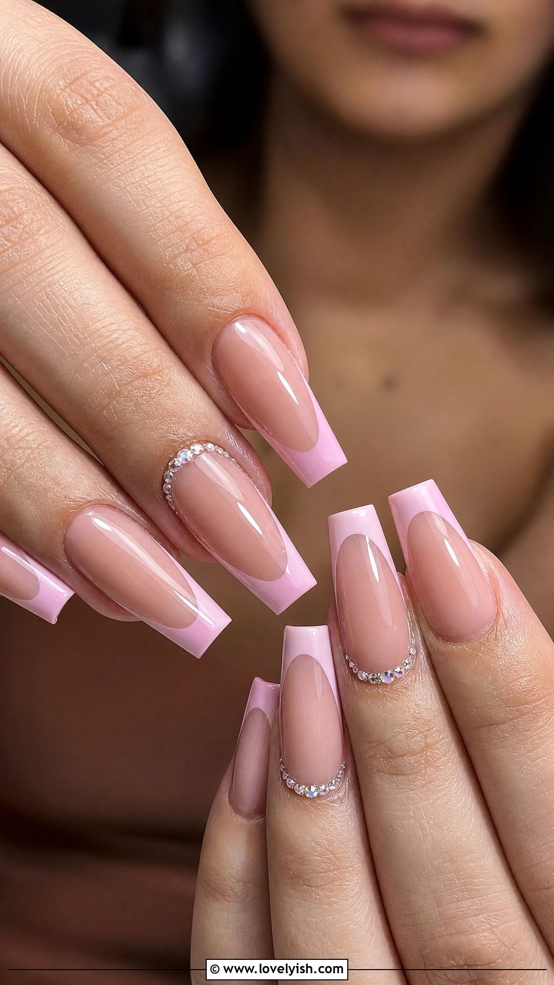 Pink French Tip With Rhinestones Coffin Nails - 50 coffin nails - 50 coffin nails