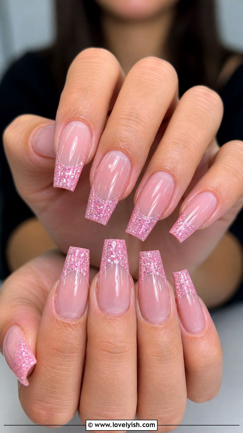 Pink Glitter French Coffin Nail Extensions - 48 nail extensions - 48 nail extensions