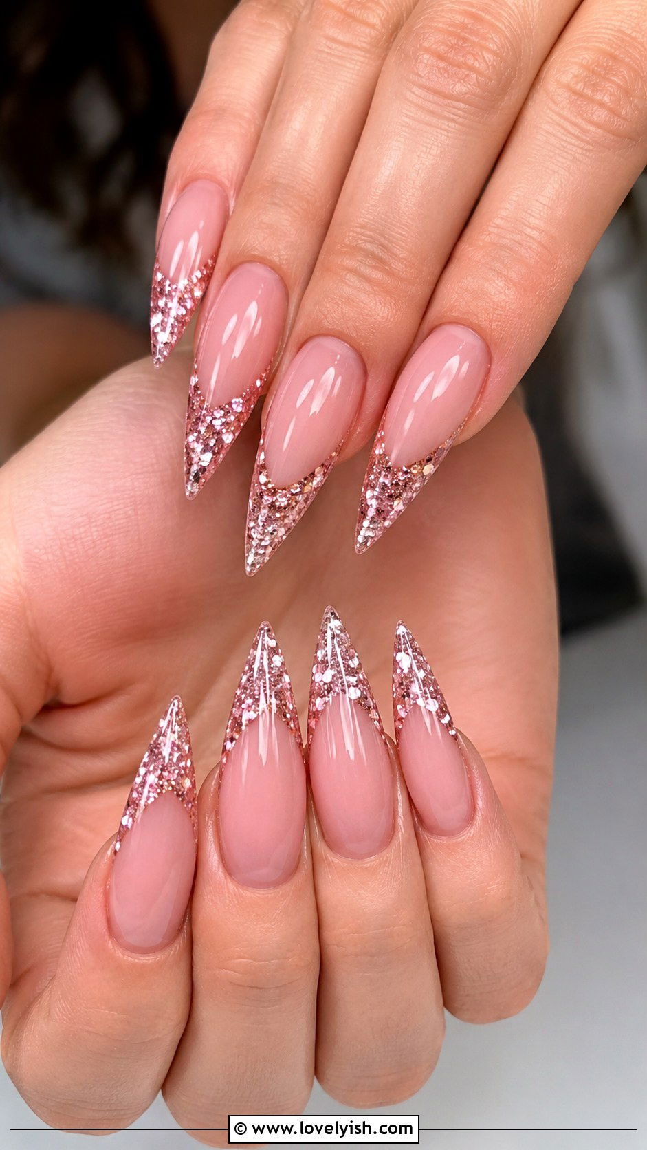 Pink Glitter French Tip Stiletto Nails - 50 long pink nails - 50 long pink nails