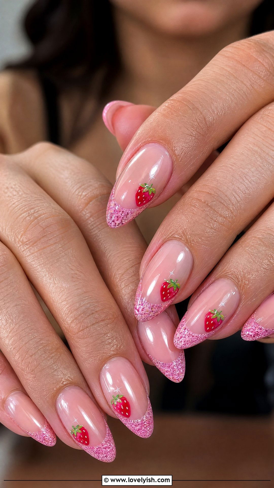 Pink Glitter Strawberry Tips - 50 strawberry nails - 50 strawberry nails
