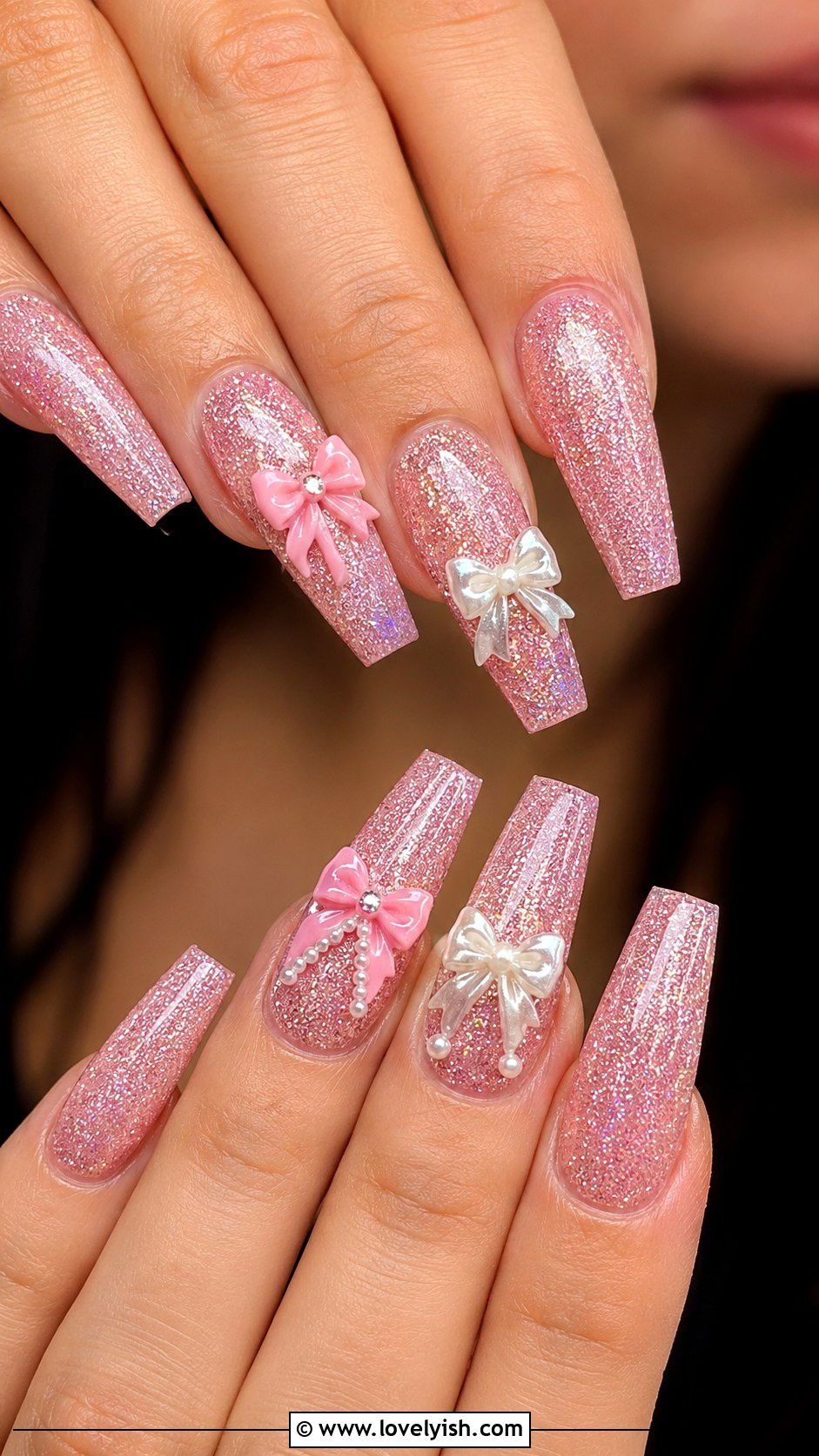 Pink Glitter With Bow Coffin Nails - 50 long pink nails - 50 long pink nails