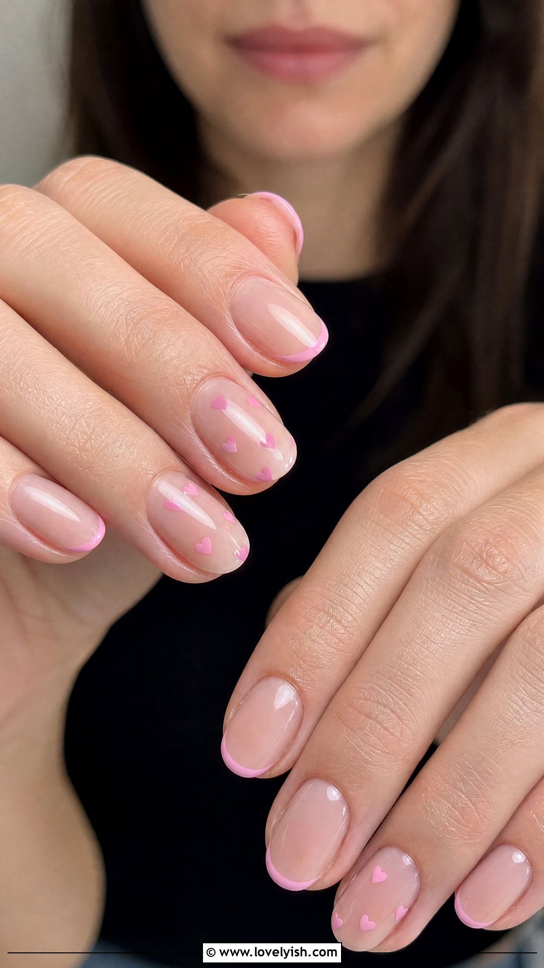 Pink Hearts on Nude Nails - 50 cute spring nail designs - 50 cute spring nail designs