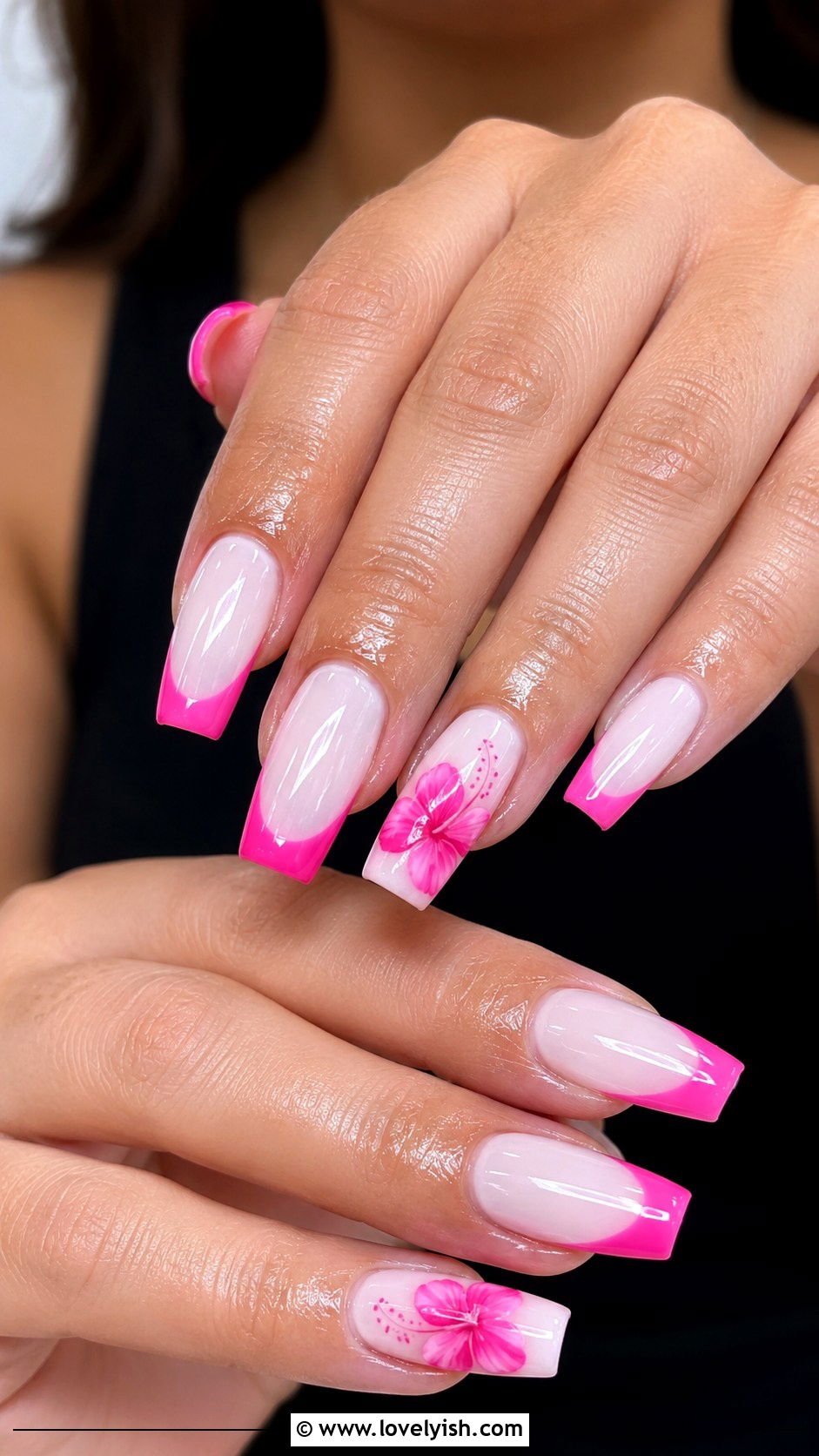 Pink Hibiscus French Tip Nails - 38 beach nail designs - 38 beach nail designs