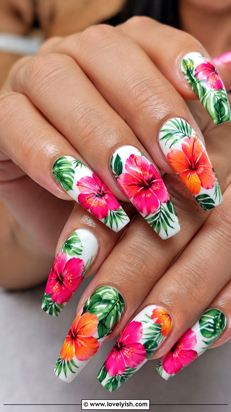 Pink Hibiscus Tropical Nails - 31 flower nail design ideas - 31 flower nail design ideas
