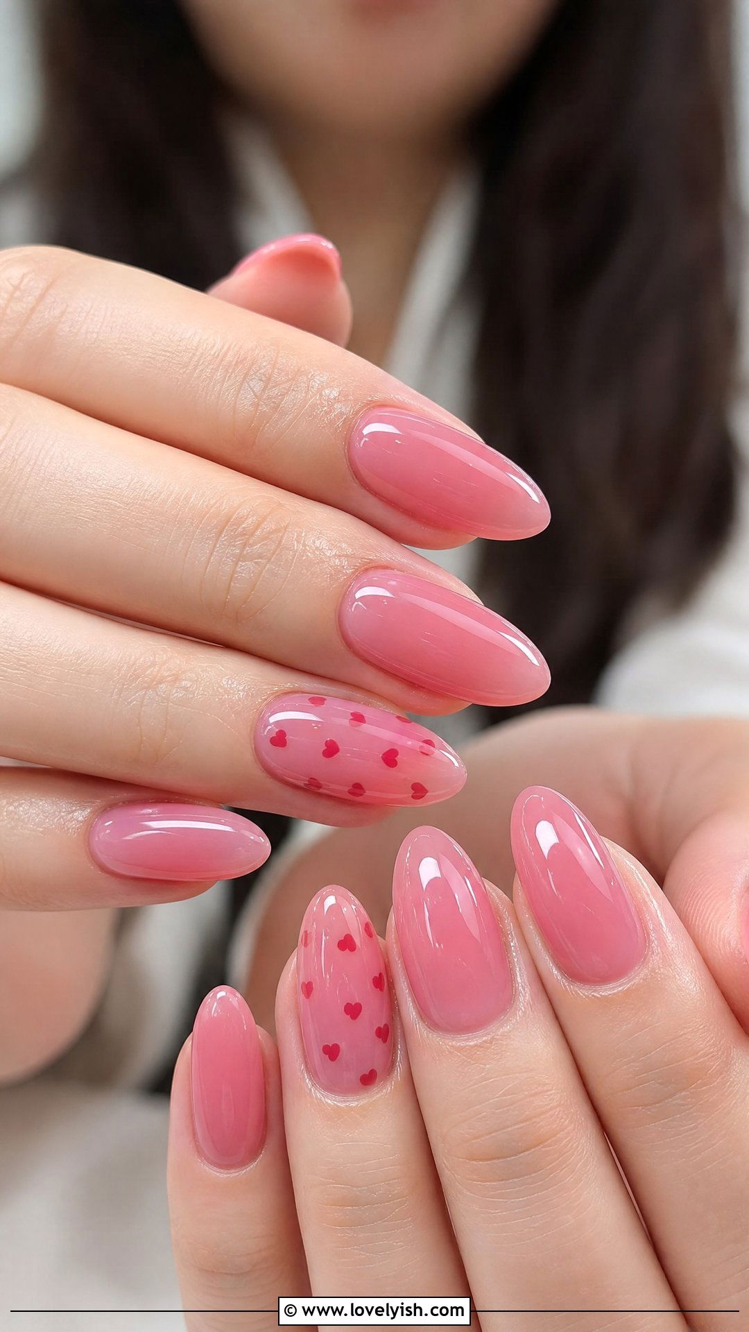 Pink Jelly with Red Hearts - 50 red and pink nail designs - 50 red and pink nail designs