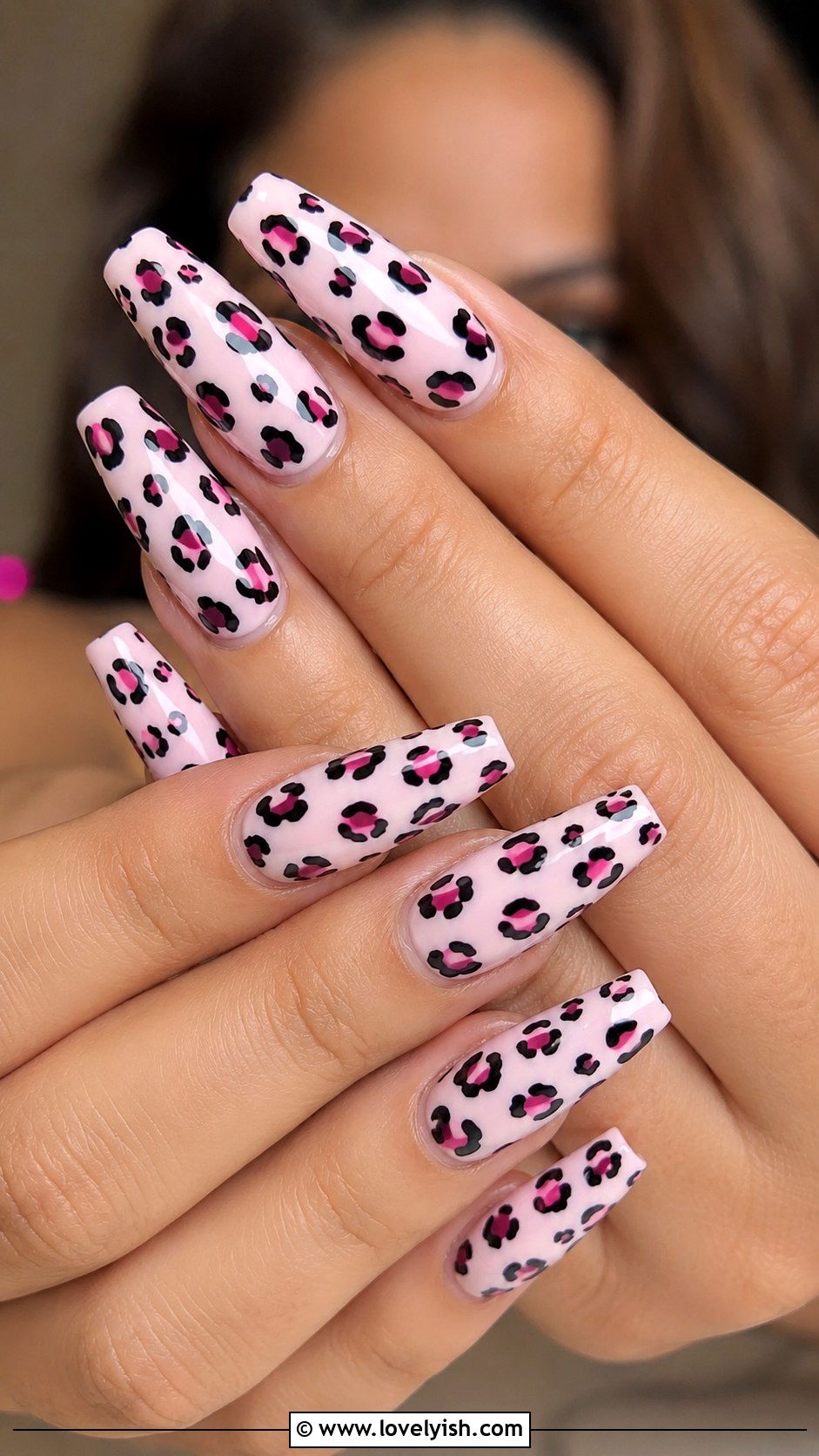 Pink Leopard Print Coffin Nails - 50 long pink nails - 50 long pink nails