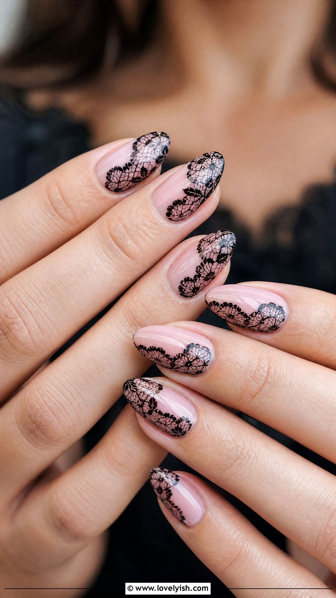 Pink Nails with Black Lace Design - 50 pink and black nails - 50 pink and black nails