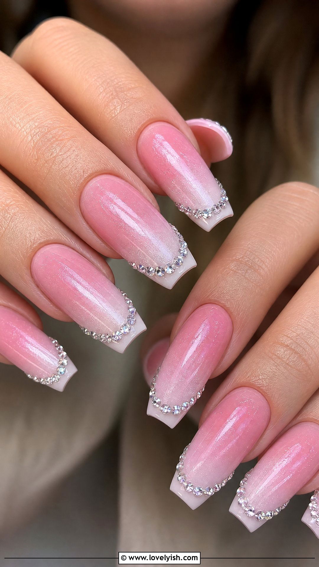 Pink Ombre Nails With Diamond Tips - 30 nail designs with diamonds - 30 nail designs with diamonds