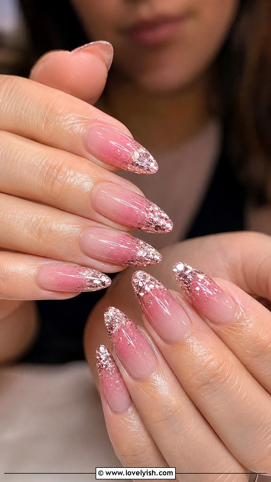 Pink Ombre With Glitter Tip Almond Nails - 50 long pink nails - 50 long pink nails