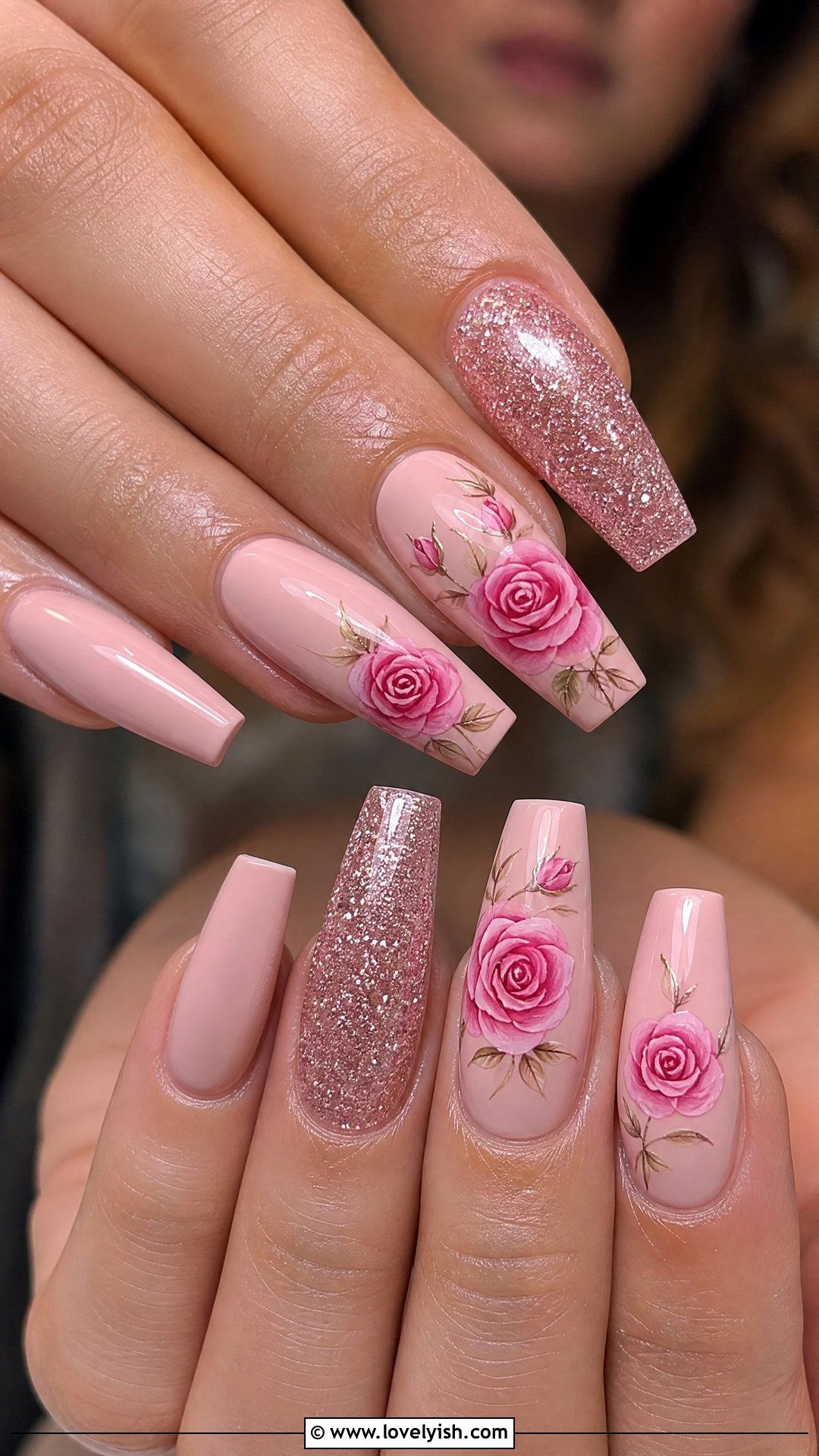 Pink Rose Glitter Nails - 50 flower nails - 50 flower nails