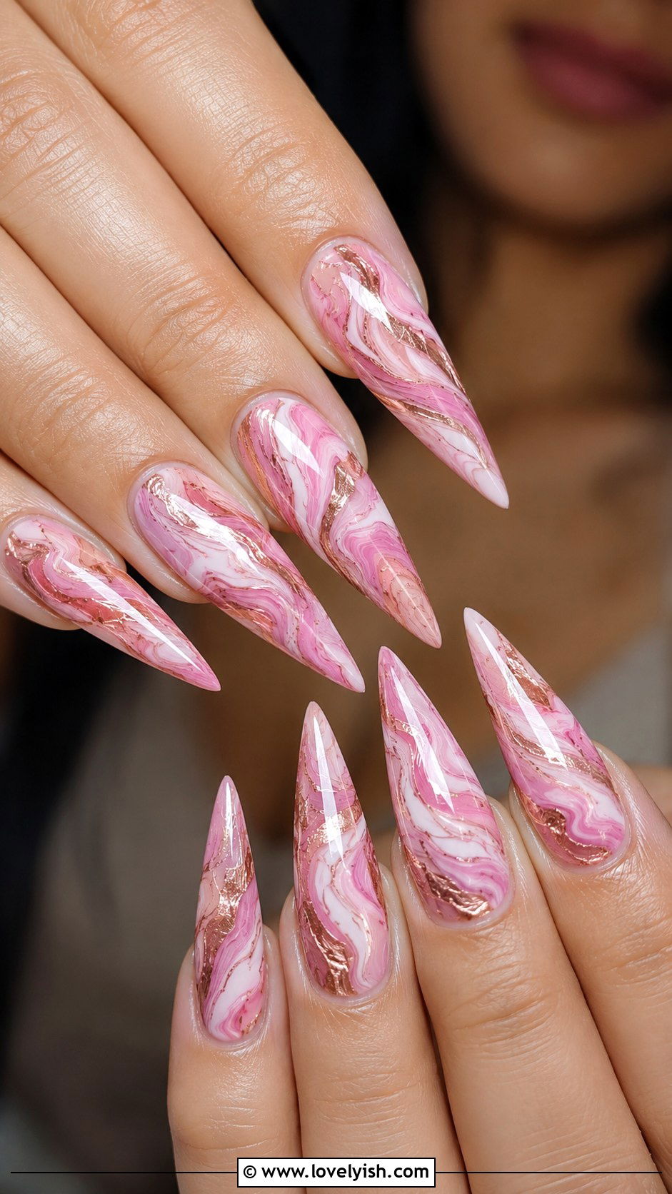 Pink Swirl Marble Stiletto Nails - 50 long pink nails - 50 long pink nails