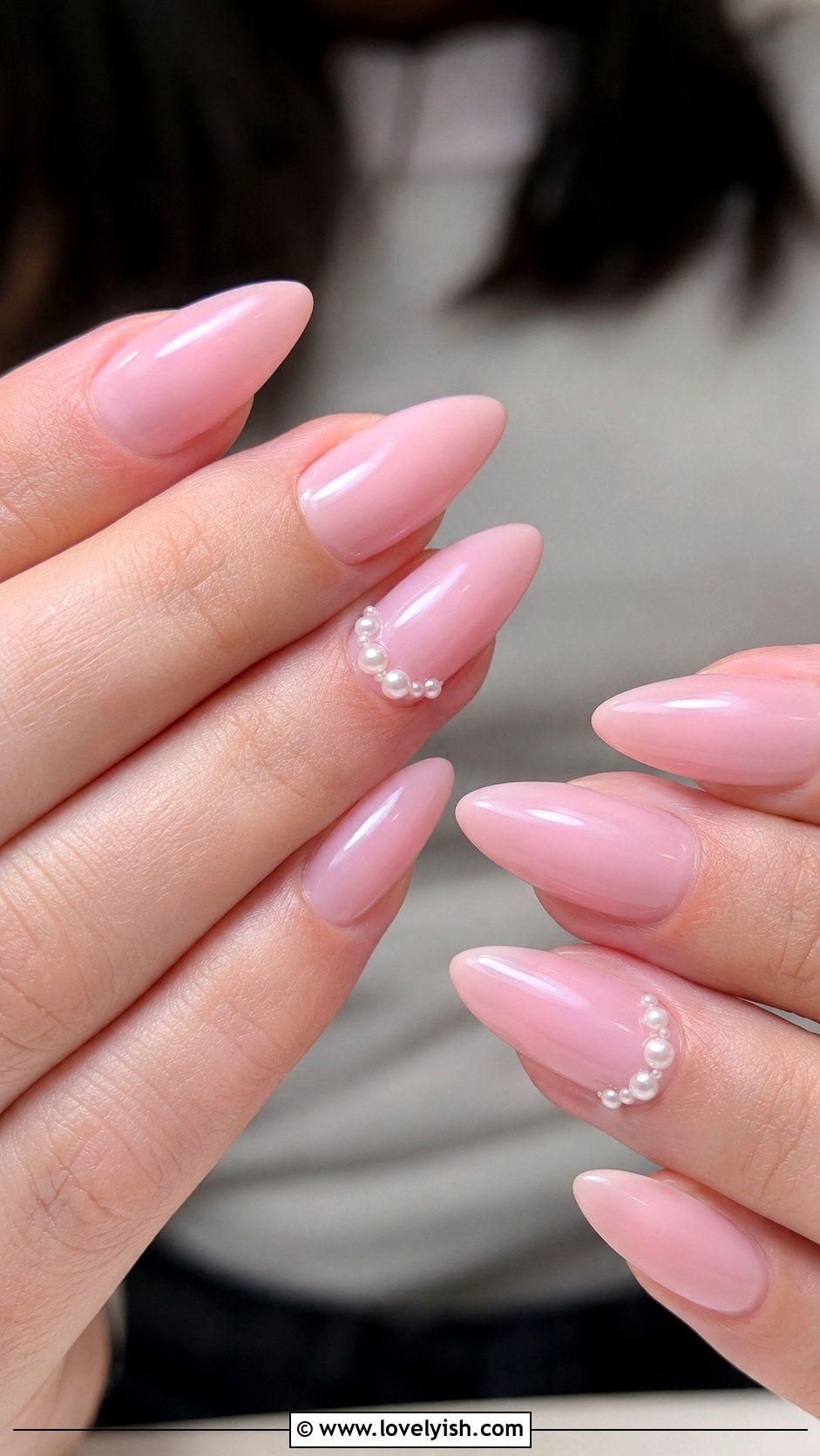 Pink With Pearl Accent Almond Nails - 50 long pink nails - 50 long pink nails