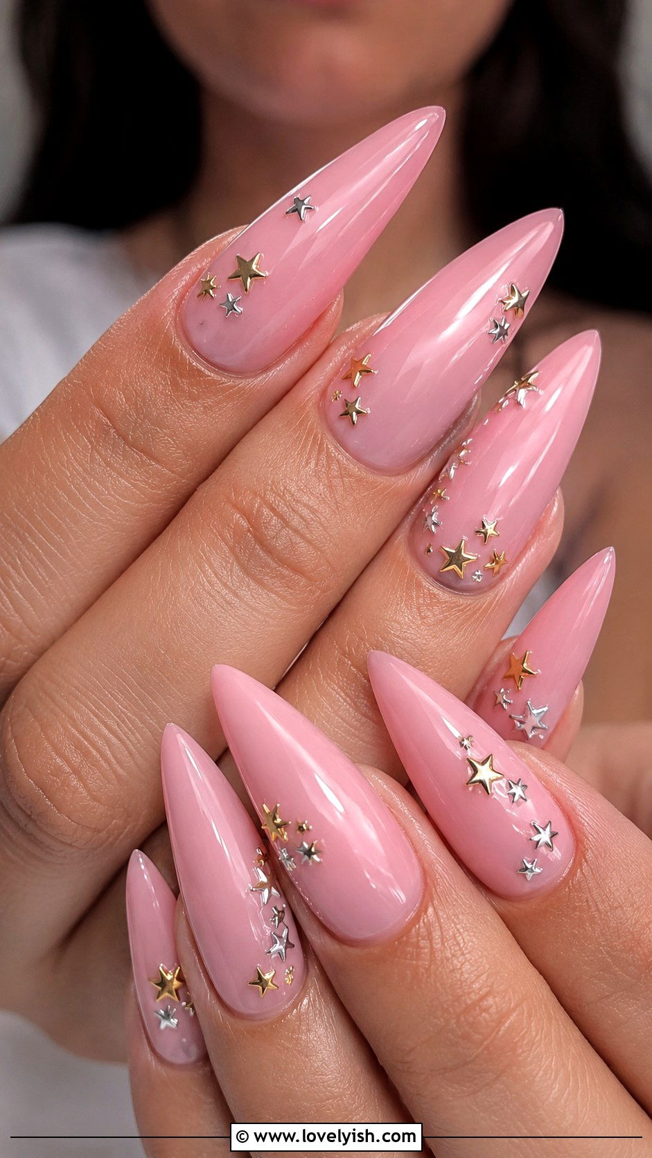 Pink With Star Charm Stiletto Nails - 50 long pink nails - 50 long pink nails