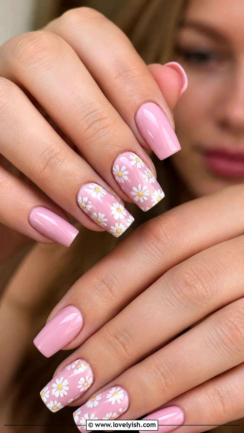Pink With White Daisy Square Nails - 50 long pink nails - 50 long pink nails
