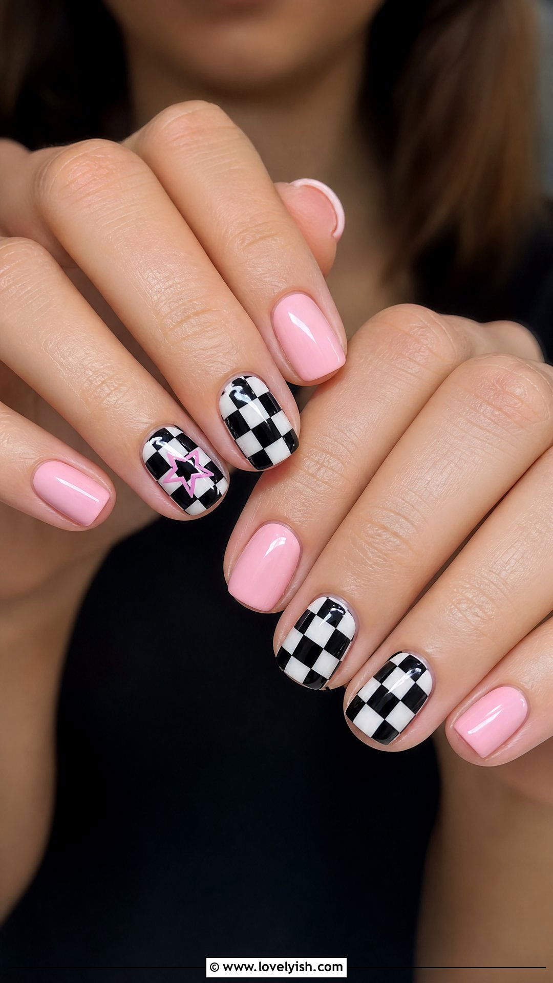 Pink and Black Checkered Nails - 50 short pink nail designs - 50 short pink nail designs