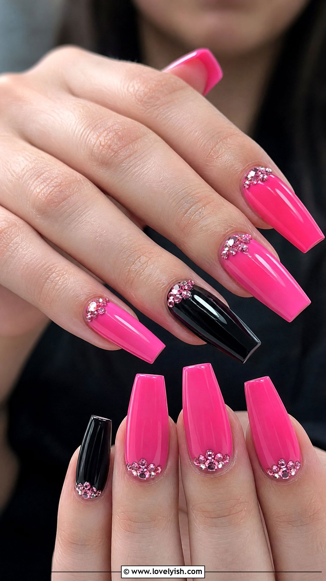 Pink and Black Coffin Nails with Rhinestones - 50 pink and black nails - 50 pink and black nails