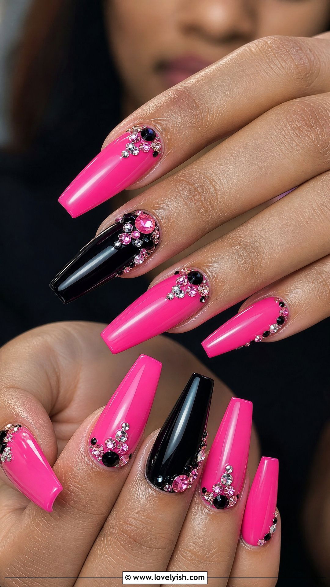 Pink and Black Rhinestone Nails - 50 pink and black nails - 50 pink and black nails