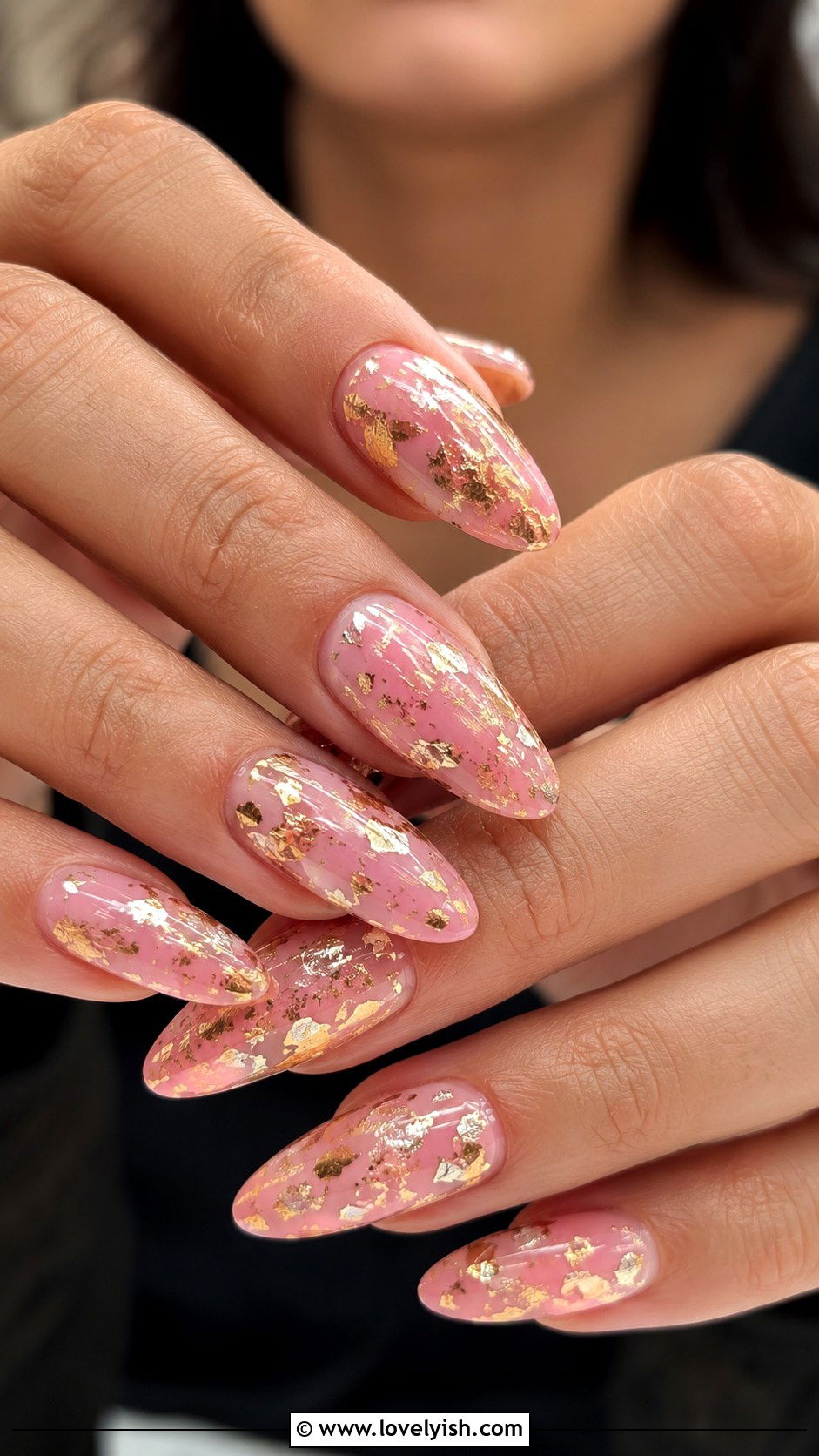 Pink and Gold Foil Almond Nails - 50 long pink nails - 50 long pink nails