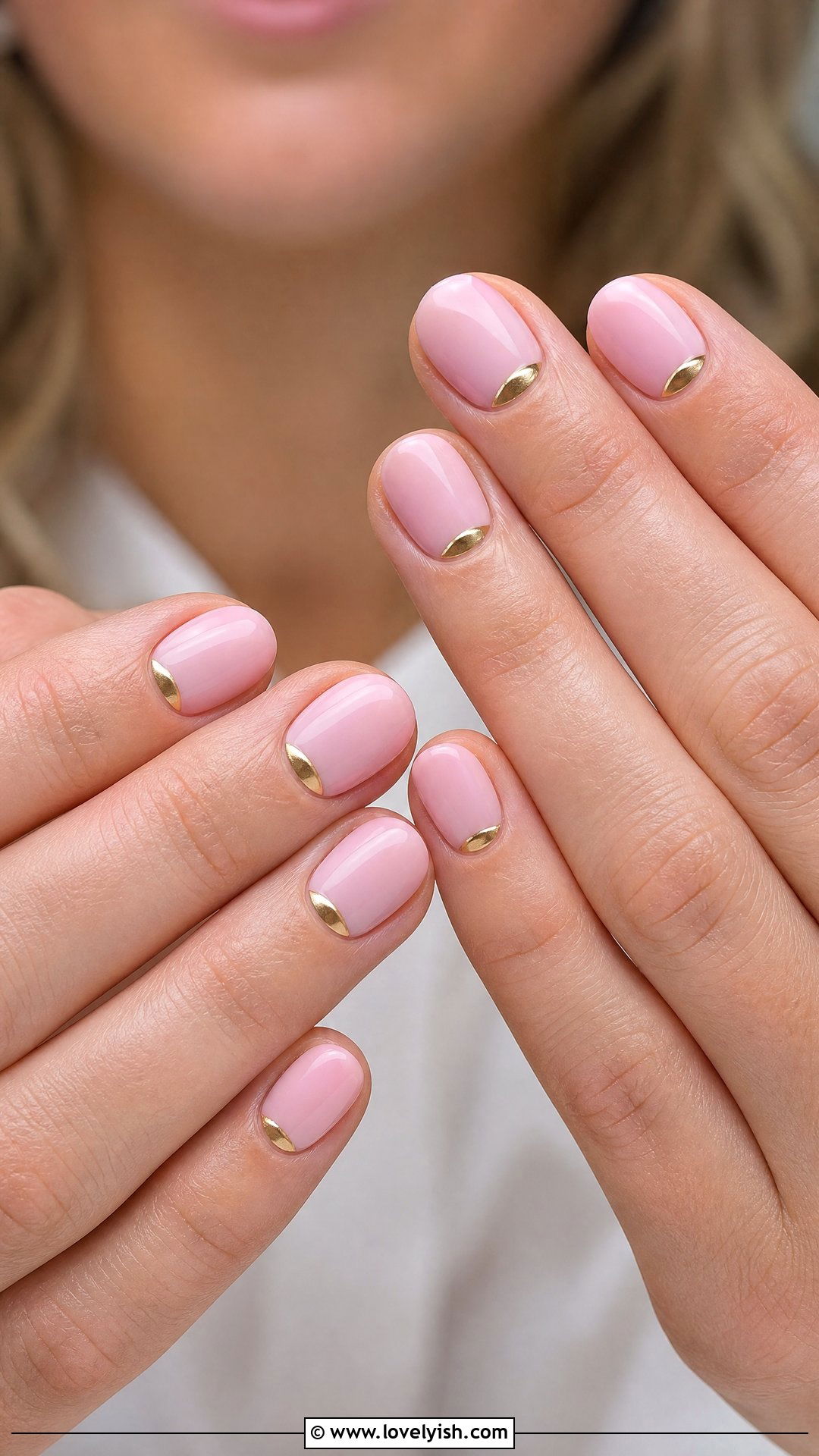 Pink and Gold Half Moon Nails - 50 short pink nail designs - 50 short pink nail designs
