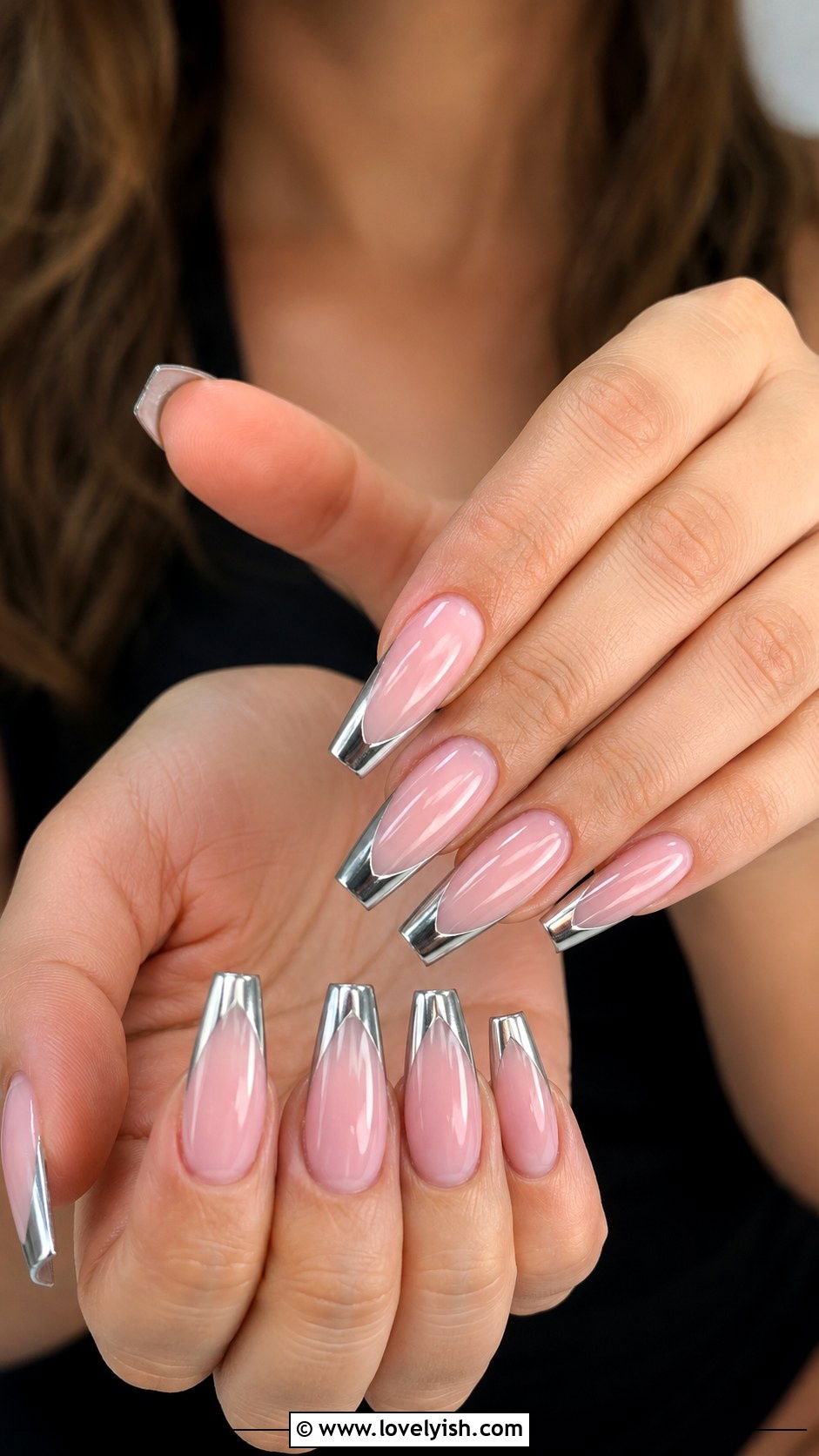 Pink and Silver Chrome French Tip Nails - 50 long pink nails - 50 long pink nails