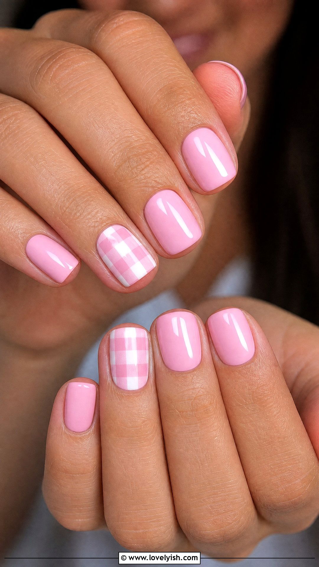 Pink and White Gingham Nails - 50 easy spring nail designs - 50 easy spring nail designs
