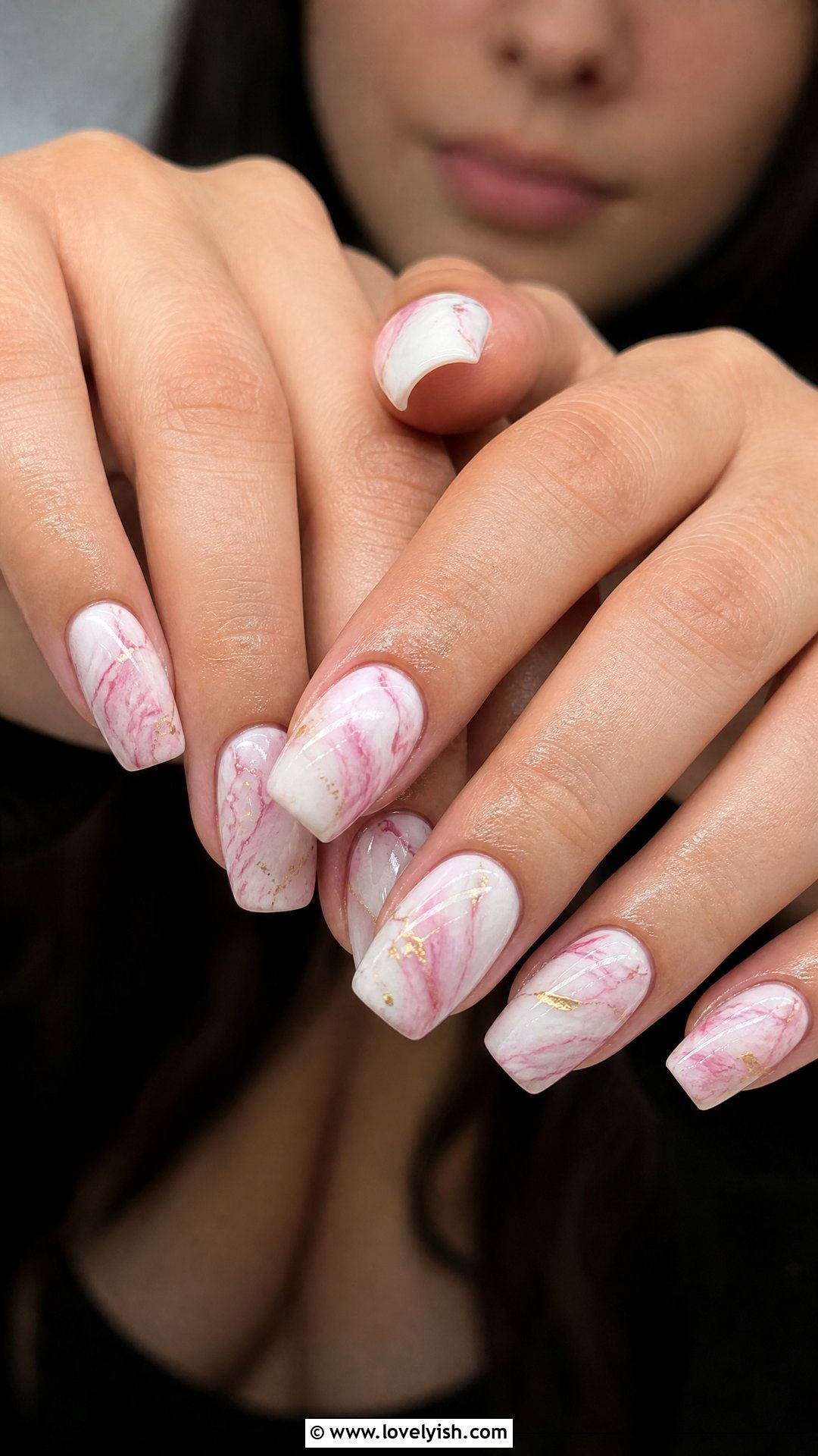 Pink and White Marble Squoval Nails - 50 squoval nails - 50 squoval nails