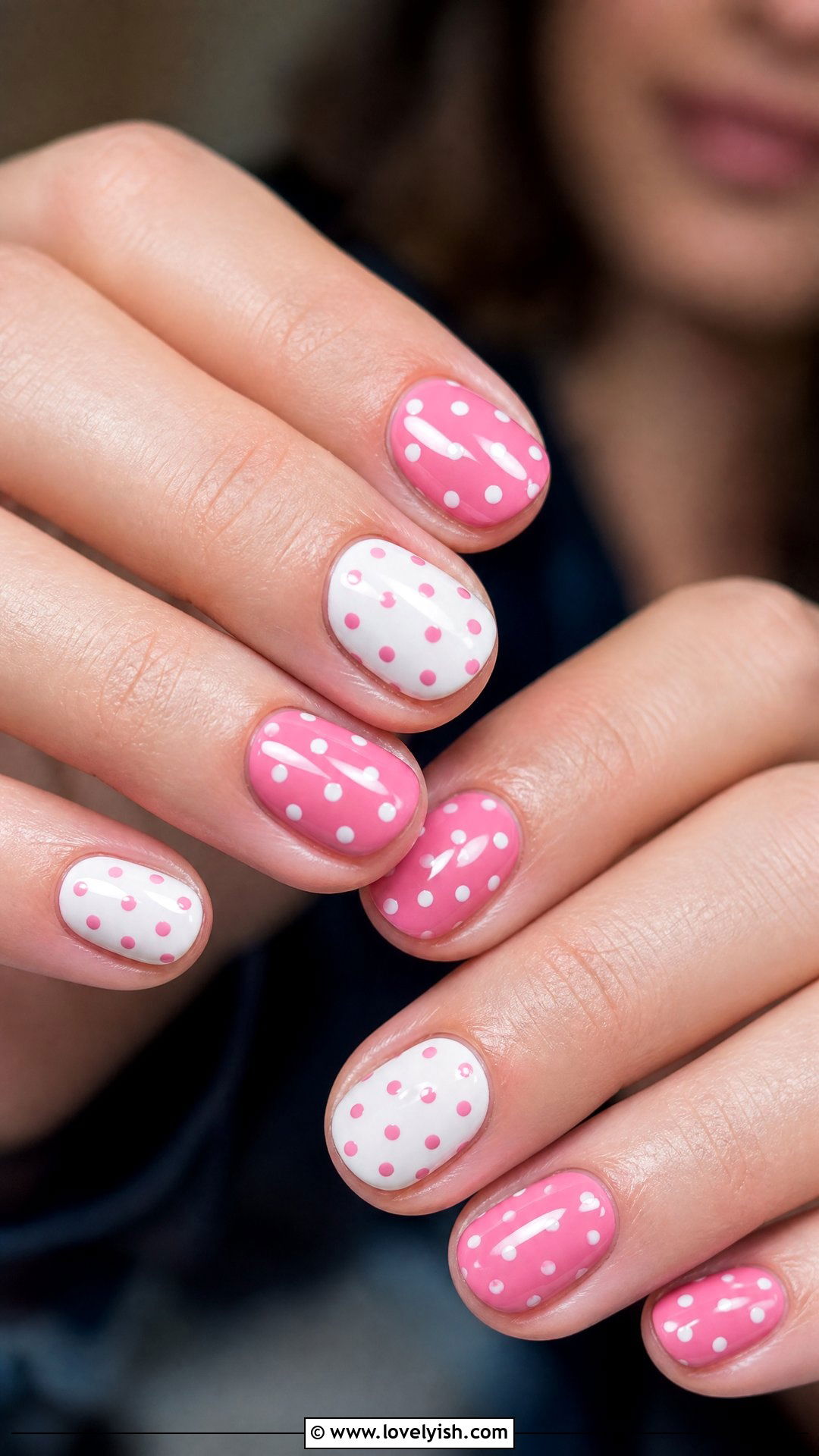 Pink and White Polka Dot Nails - 50 mothers day nail designs - 50 mothers day nail designs