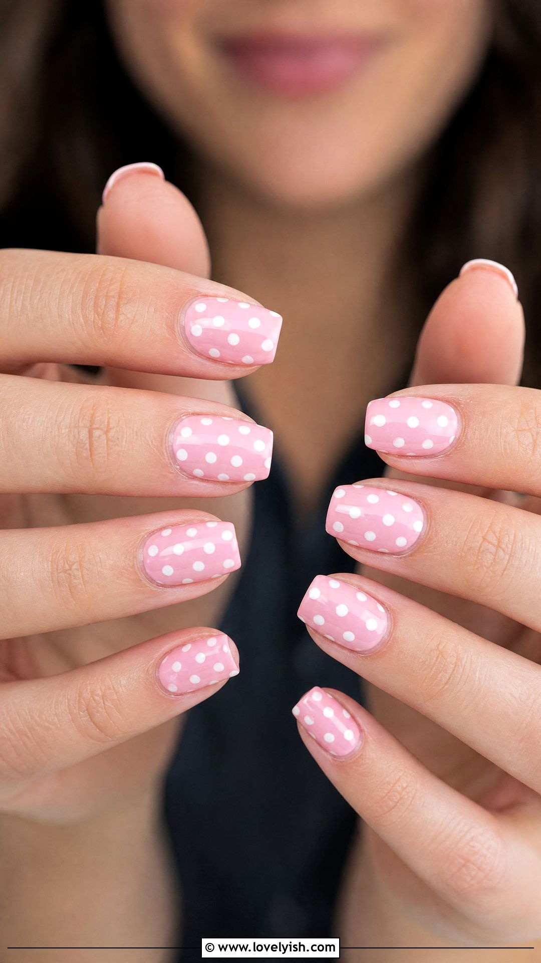Pink and White Polka Dot Short Coffin Nails - 38 short coffin nail designs - 38 short coffin nail designs