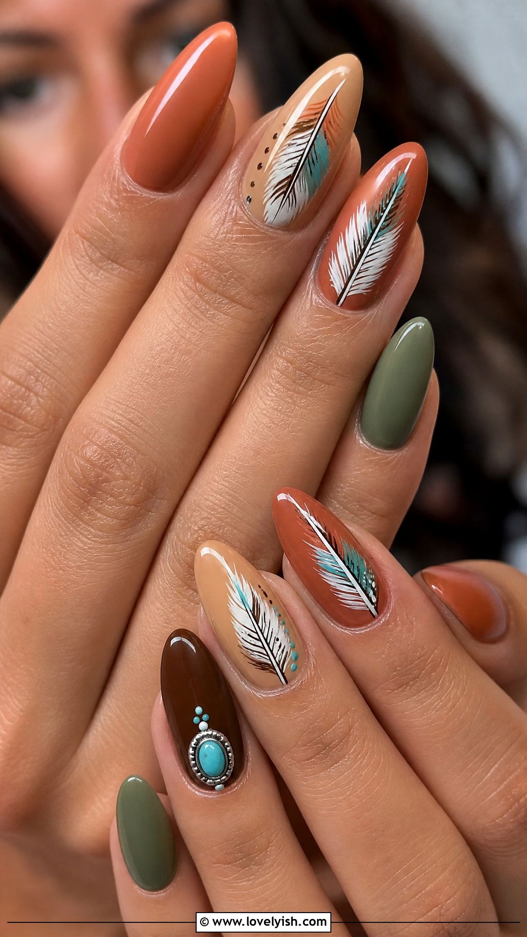 Pocahontas Earth Tone Feather Nails - 50 disney nail designs - 50 disney nail designs