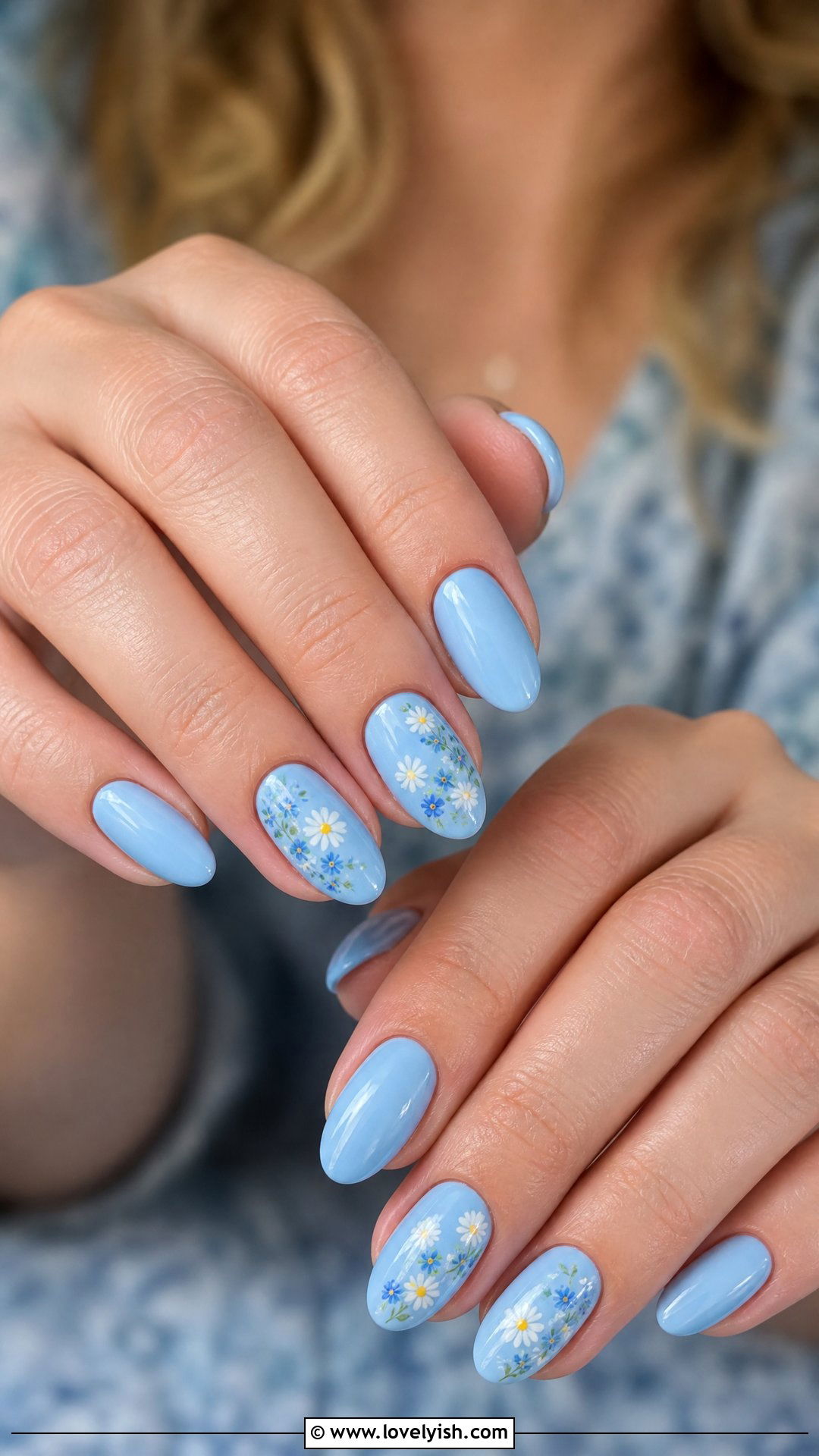 Powder Blue Floral Nails - 50 blue nails - 50 blue nails