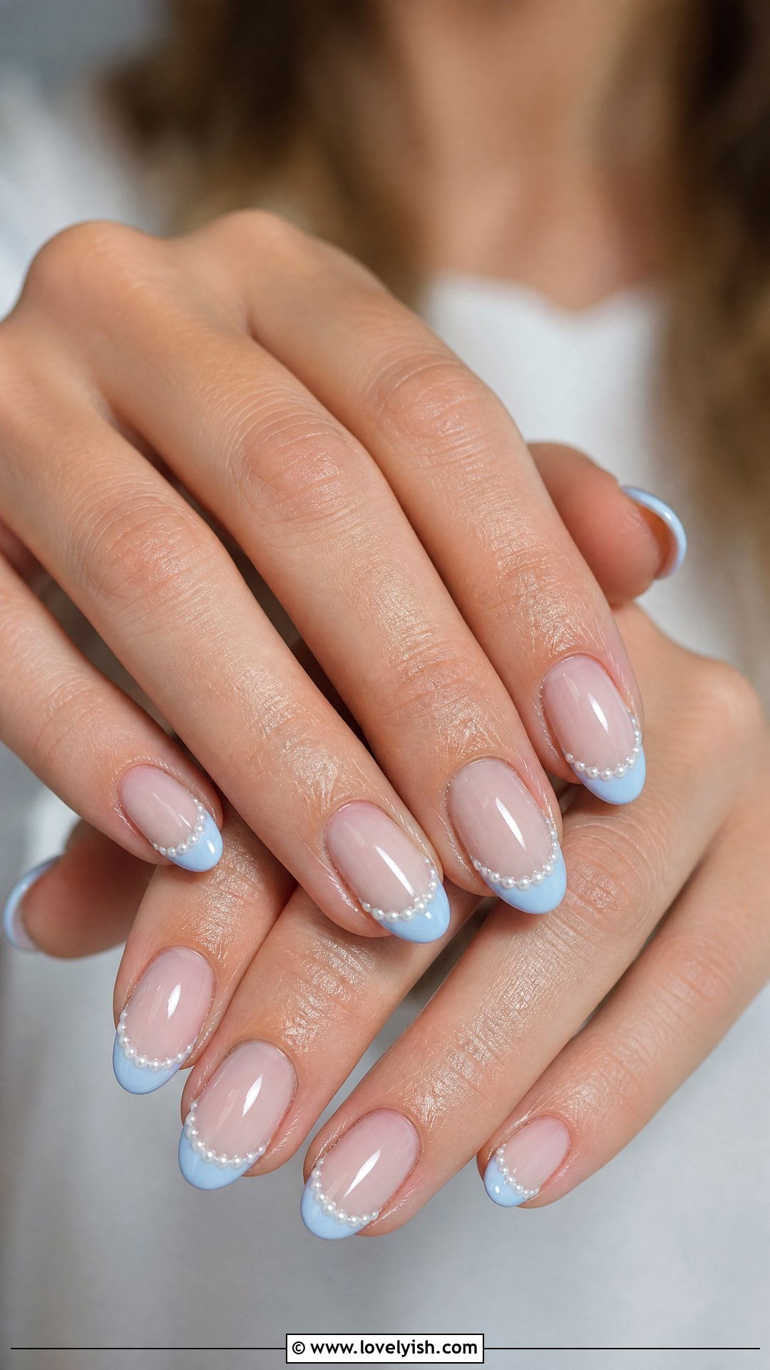 Powder Blue Pearl French Nails - 50 pearl nails - 50 pearl nails