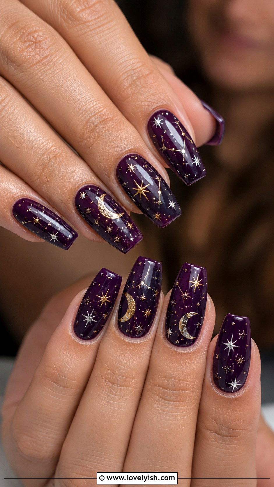 Purple Celestial Stars and Moons Nails - 33 purple nail design ideas - 33 purple nail design ideas