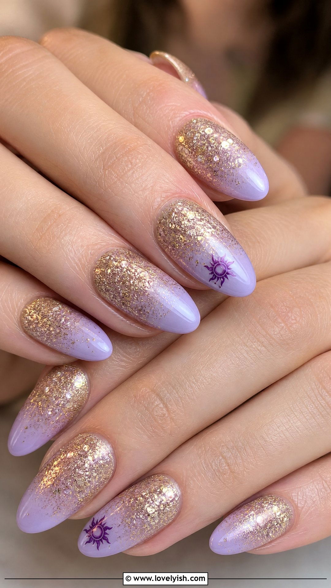 Rapunzel Tangled Gold Glitter Nails - 50 disney nail designs - 50 disney nail designs