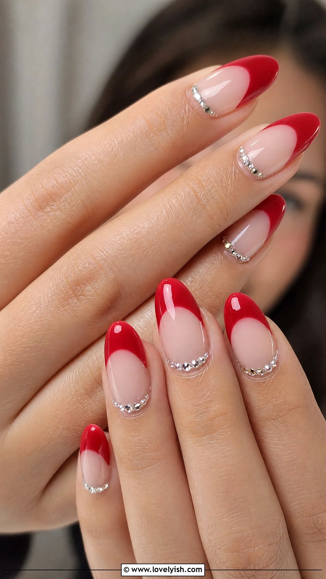 Red Almond French with Rhinestones - 50 red nails - 50 red nails