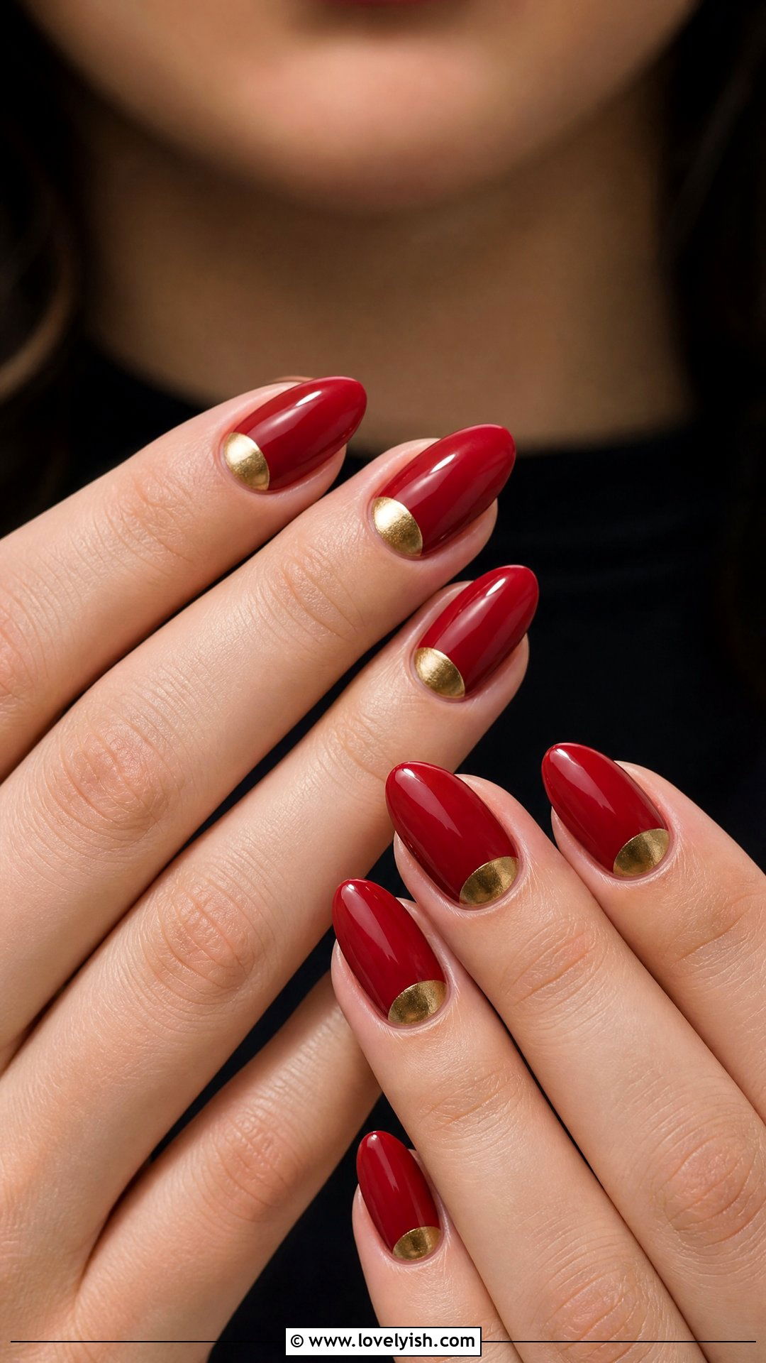 Red Almond With Gold Half Moon - 50 red and gold nail design ideas - 50 red and gold nail design ideas