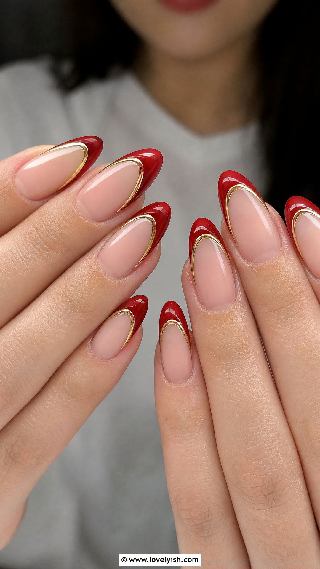 Red Almond With Gold Outlined French Tips - 50 red and gold nail design ideas - 50 red and gold nail design ideas