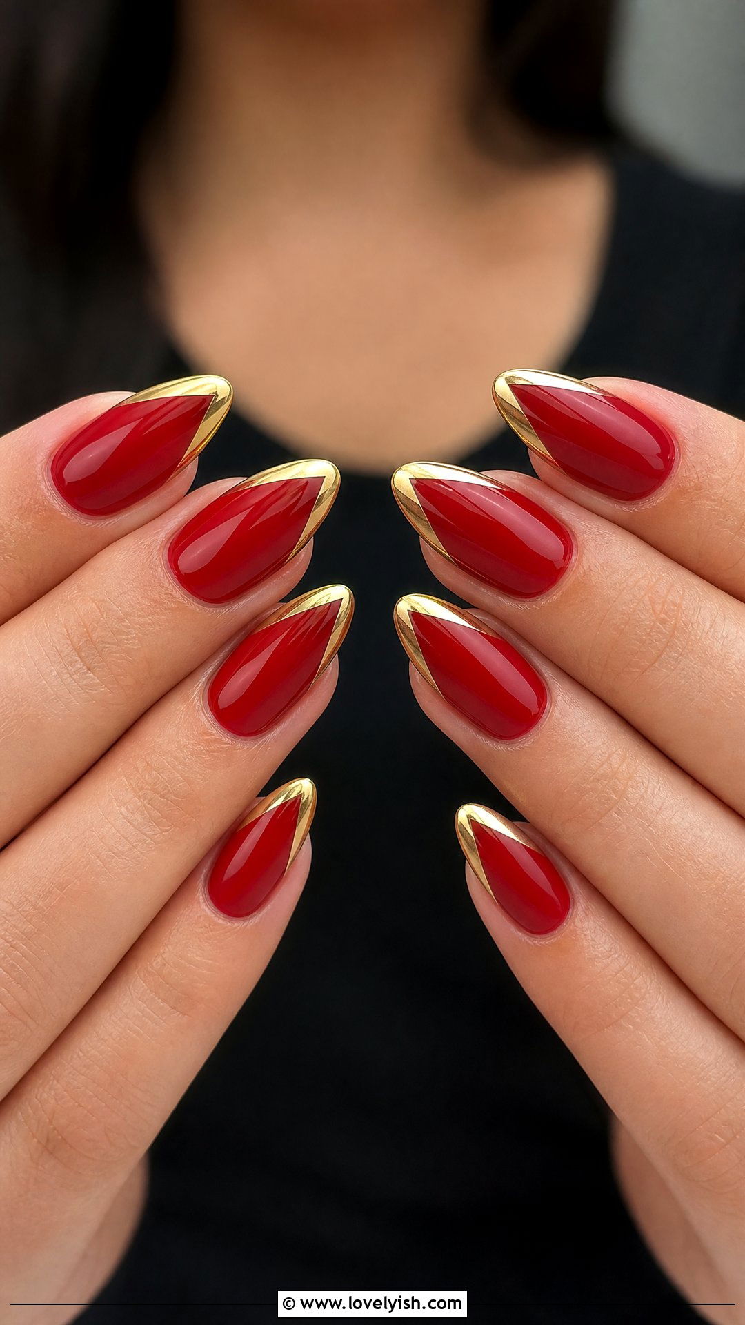 Red Almond With Gold V French Tips - 50 red and gold nail design ideas - 50 red and gold nail design ideas