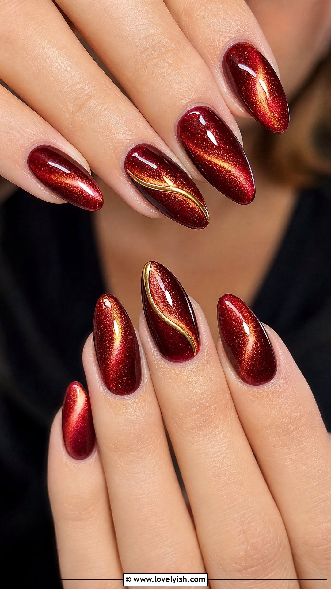 Red And Gold Cat Eye Magnetic Nails - 50 red and gold nail design ideas - 50 red and gold nail design ideas