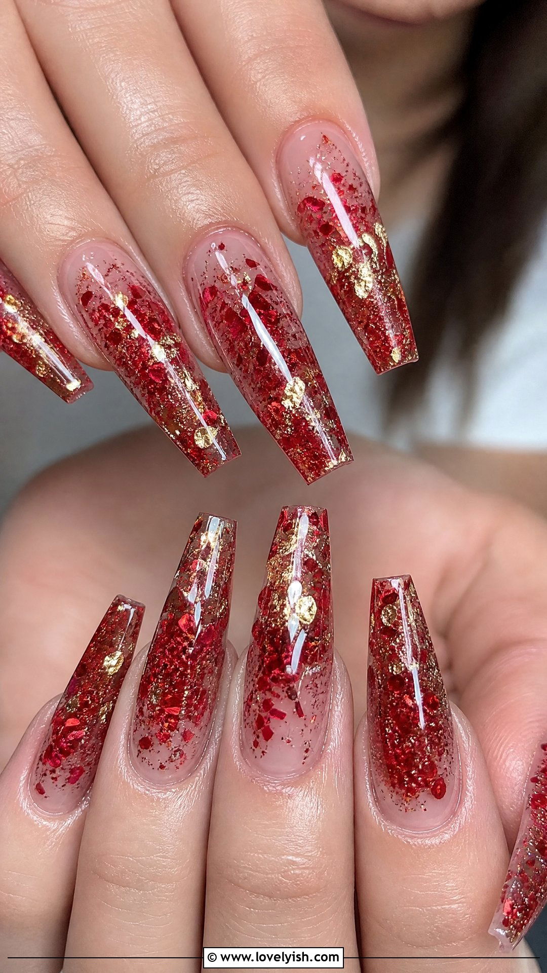 Red And Gold Encapsulated Glitter Nails - 50 red and gold nail design ideas - 50 red and gold nail design ideas