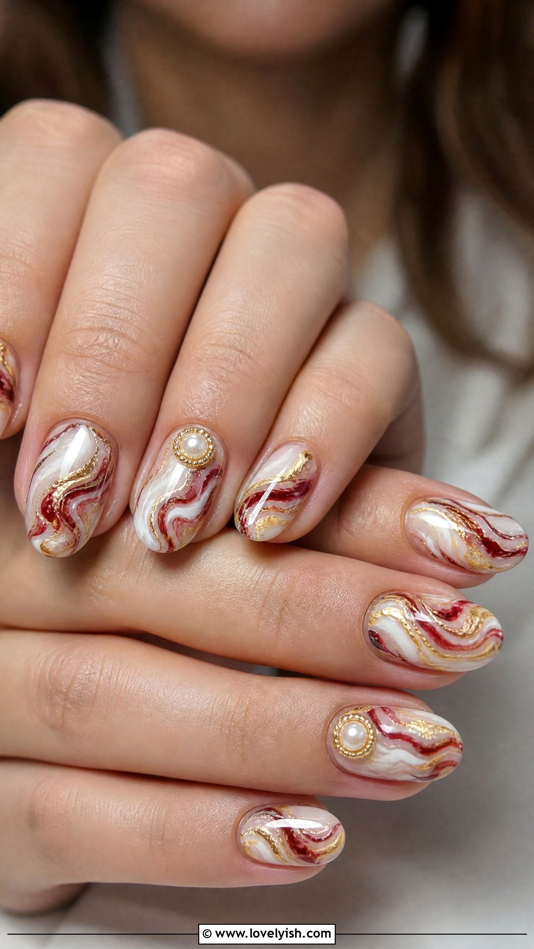 Red And Gold Marble With Pearl Accents - 50 red and gold nail design ideas - 50 red and gold nail design ideas