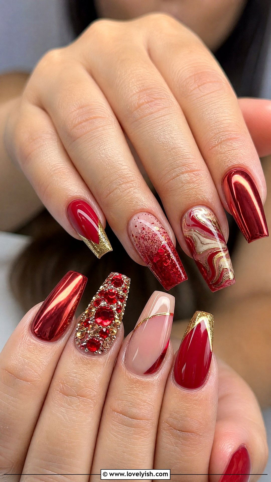 Red And Gold Mismatched Nails - 50 red and gold nail design ideas - 50 red and gold nail design ideas