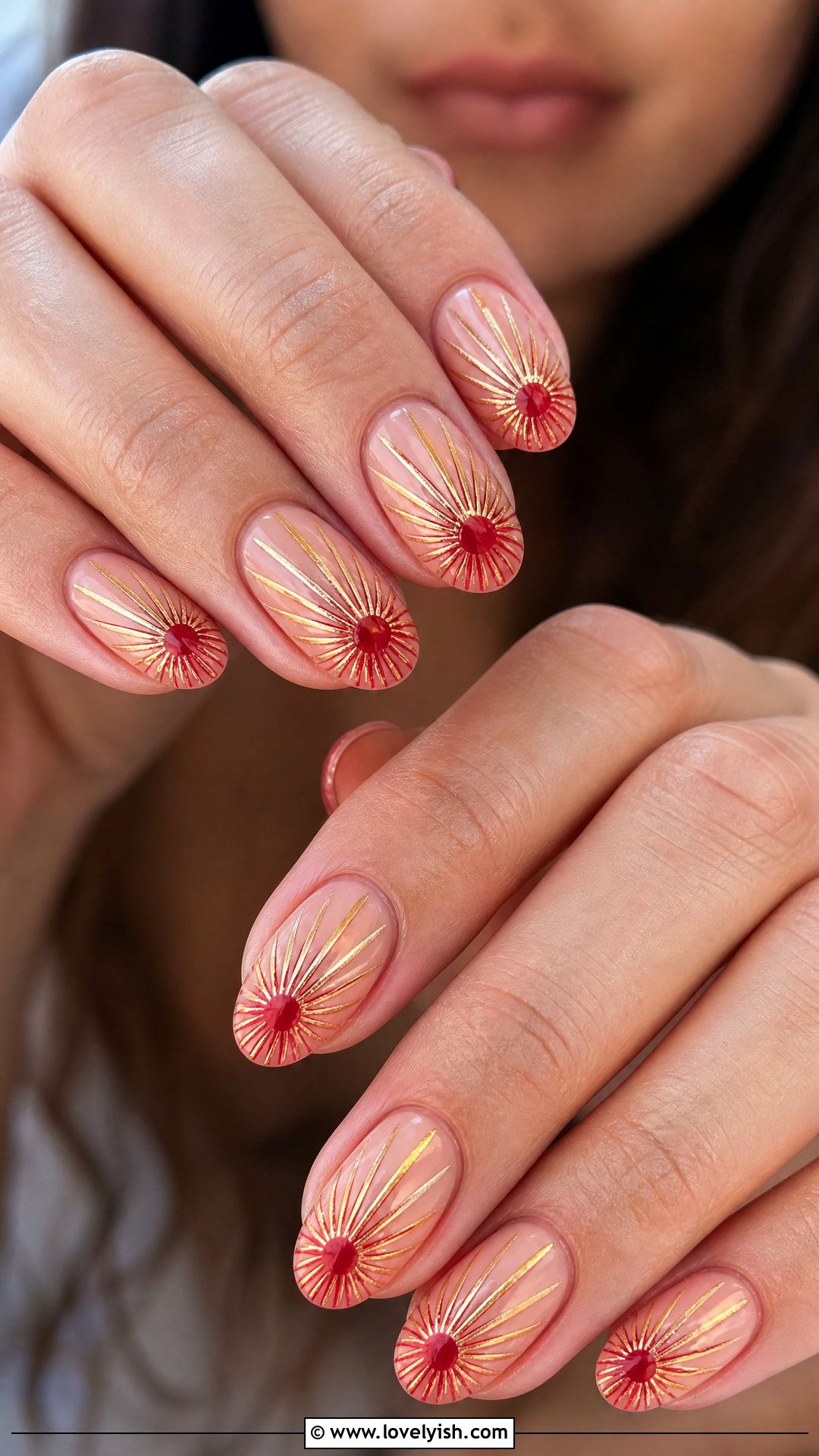 Red And Gold Sunburst Nails - 50 red and gold nail design ideas - 50 red and gold nail design ideas